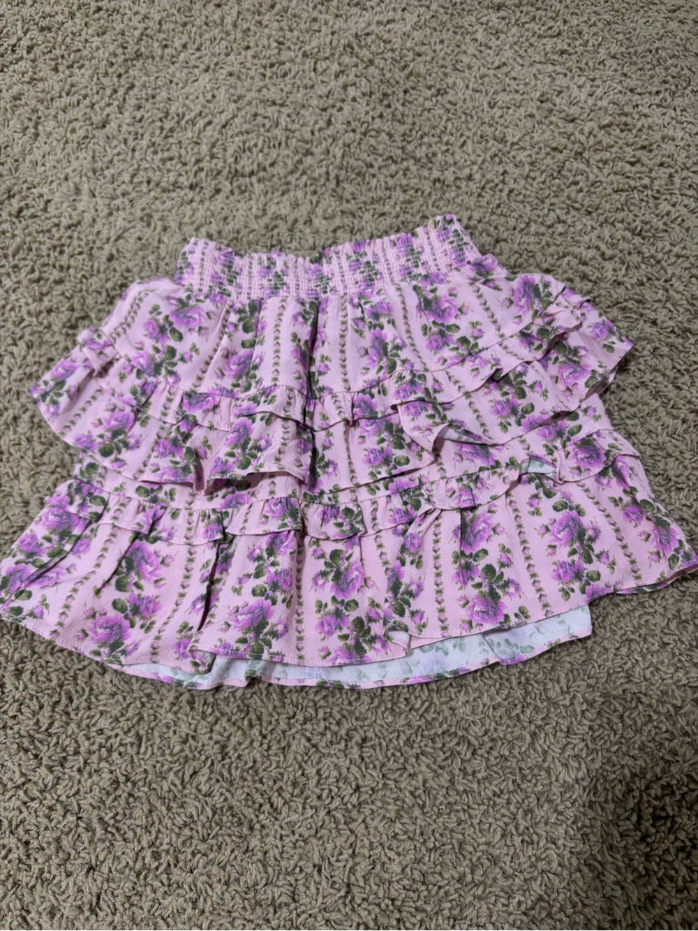 LoveShackFancy Pink Floral Tiered Ruffle Mini Skirt